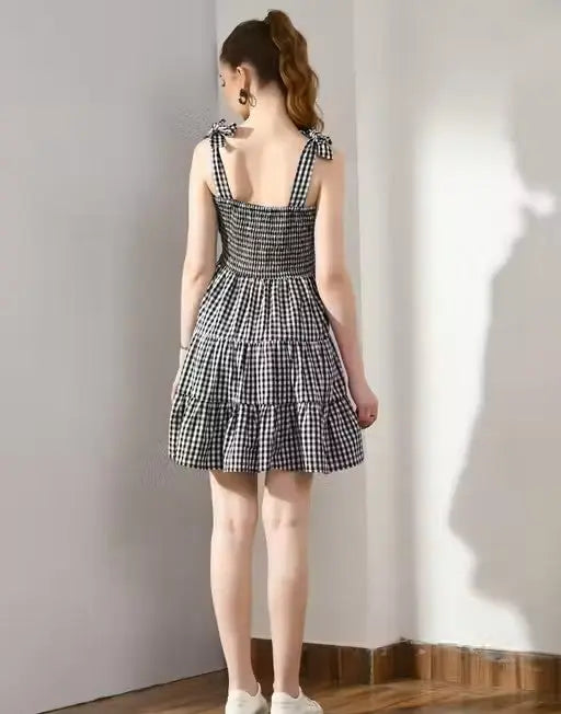 Cotton Gingham Check Tiered Dress Velvark.com