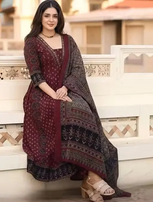 Printed Anarkali Kurta and Palazzo Set with Dupatta Velvark.com