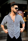 NAVY ZIG-ZAG STRIPED CROCHET SHIRT