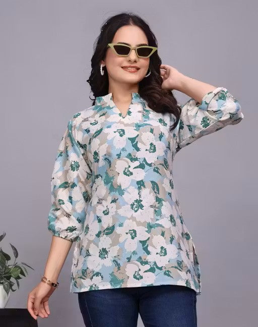 Women's Teal Floral Cotton Tunic Top