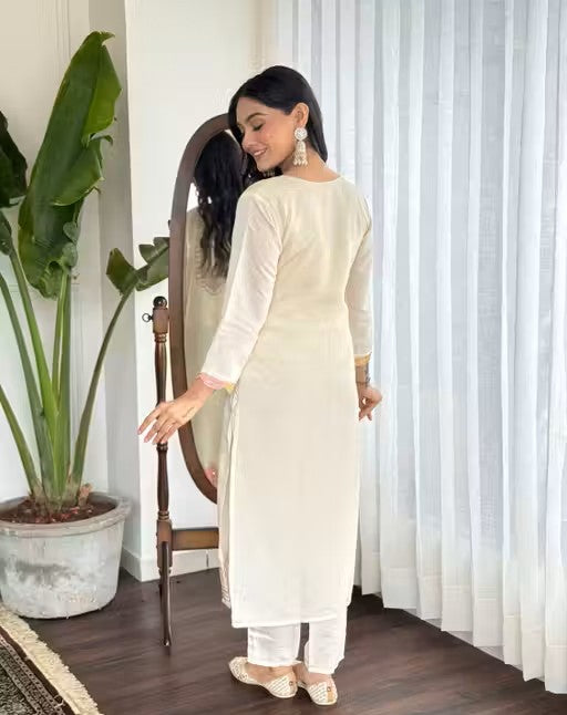 New Desiner Embrodred Latest Fashion Cream Color Kurti With Bottom Or Dupatta Set