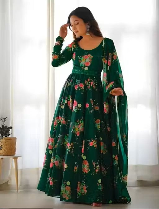 Flower Print Long Gown With Dupatta