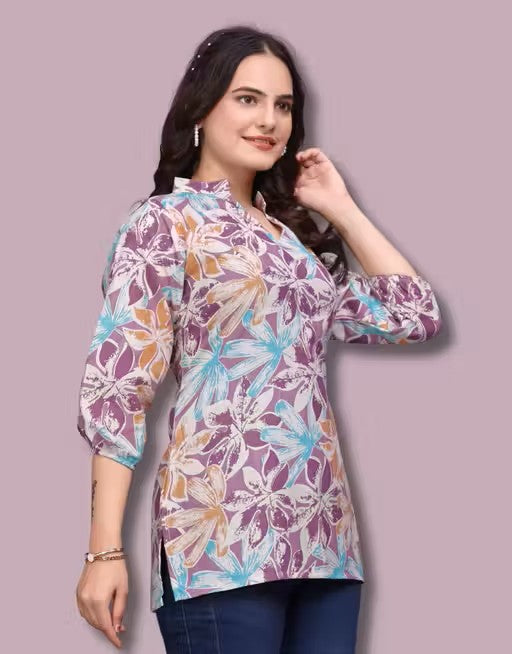 ZELZIS Casual Purple Cotton Tunic – Round Neck &amp; 3/4 Sleeves