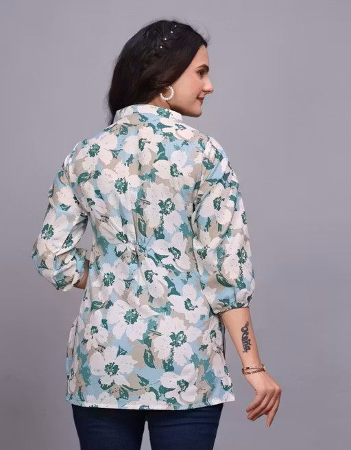 Women's Teal Floral Cotton Tunic Top