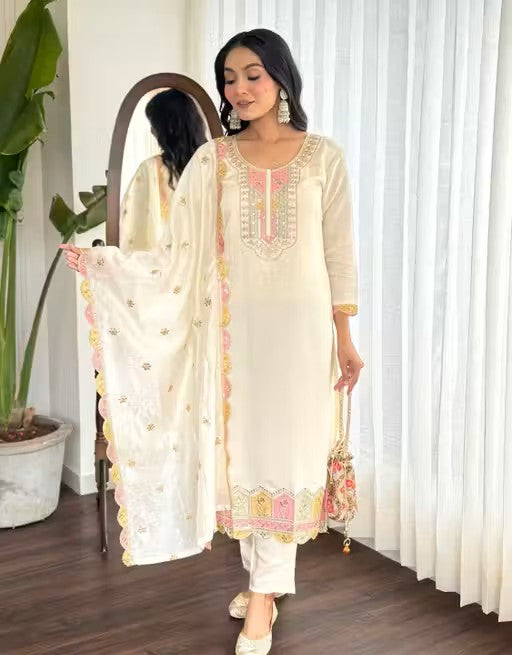 New Desiner Embrodred Latest Fashion Cream Color Kurti With Bottom Or Dupatta Set