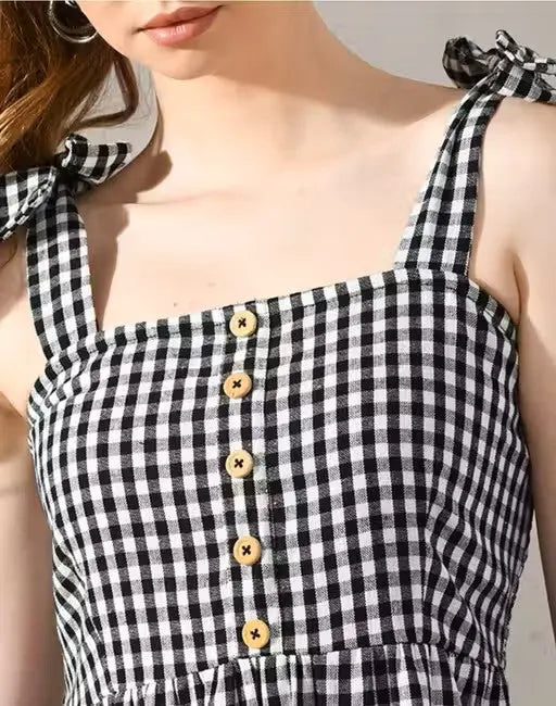 Cotton Gingham Check Tiered Dress Velvark.com