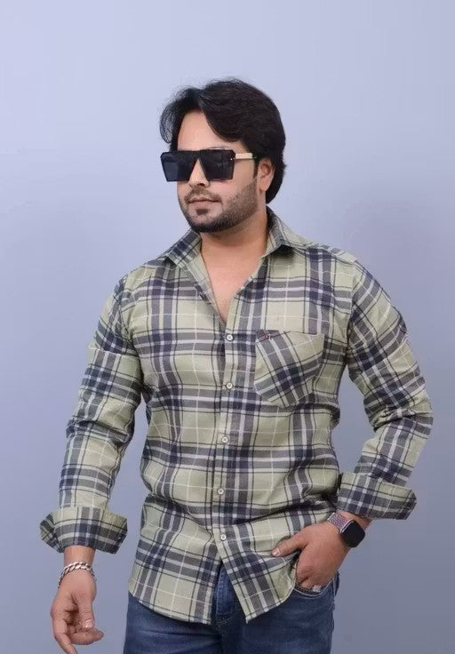 Stylish Checked Casual Cotton Mehandi Shirt