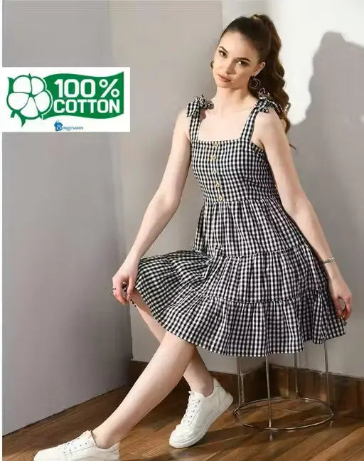 Cotton Gingham Check Tiered Dress Velvark.com