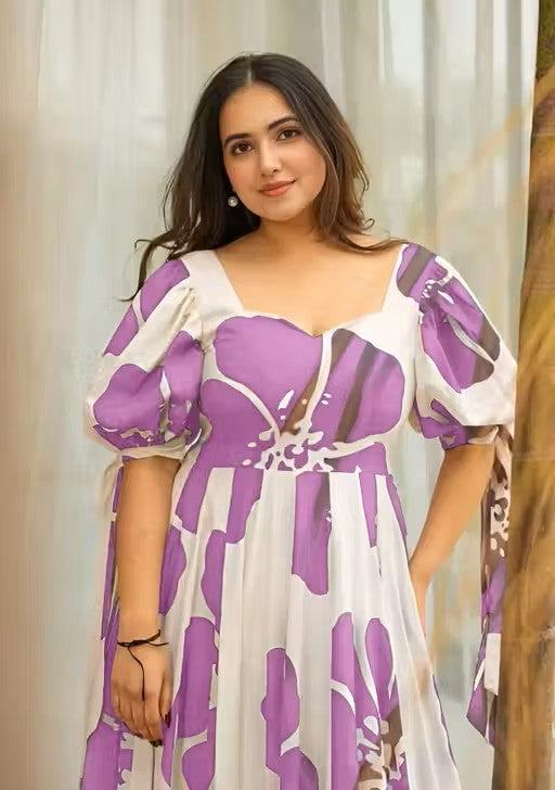 Floral Printed Flared Rayon Maxi Dress