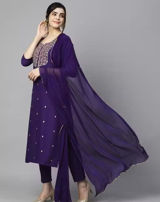 Women's Violet Cotton Blend Embroidered Straight Kurta With Trouser & Dupatta