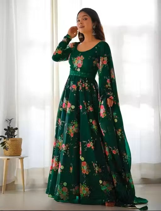 Flower Print Long Gown With Dupatta