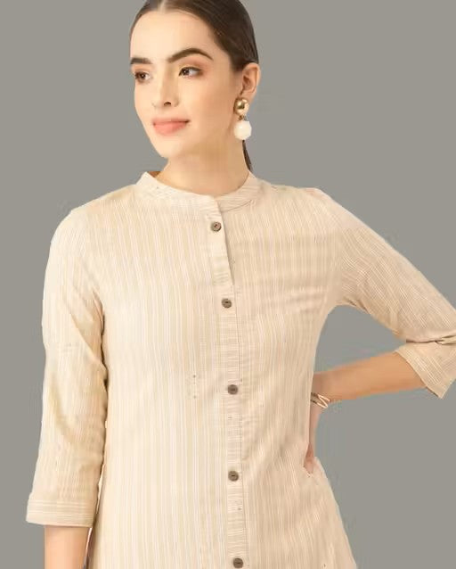 Women Beige Cotton Striped Kurta With Palazzos