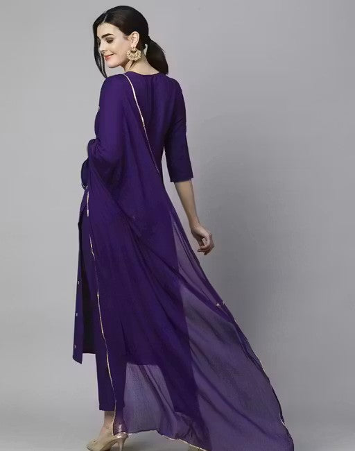 Women's Violet Cotton Blend Embroidered Straight Kurta With Trouser & Dupatta