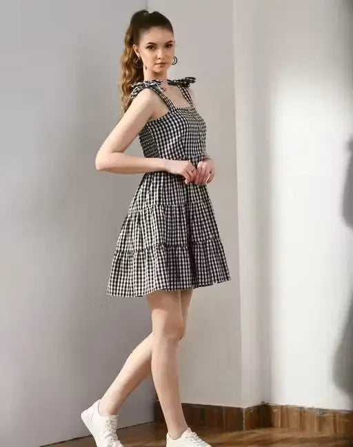 Cotton Gingham Check Tiered Dress Velvark.com