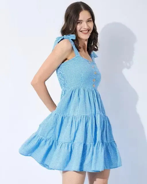 Cotton Gingham Check Tiered Dress Velvark.com